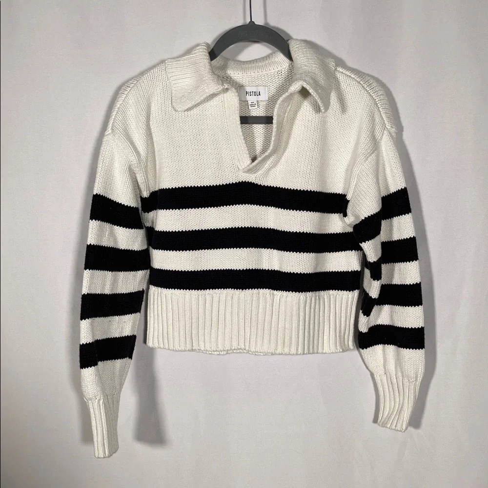 PISTOLA ARLO WOMENS STRIPED POLO SWEATER BLACK WHITE XS